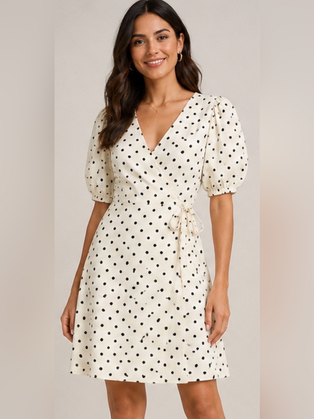 a new day Cream Polka Dot Puff-Sleeve Wrap Dress size XS